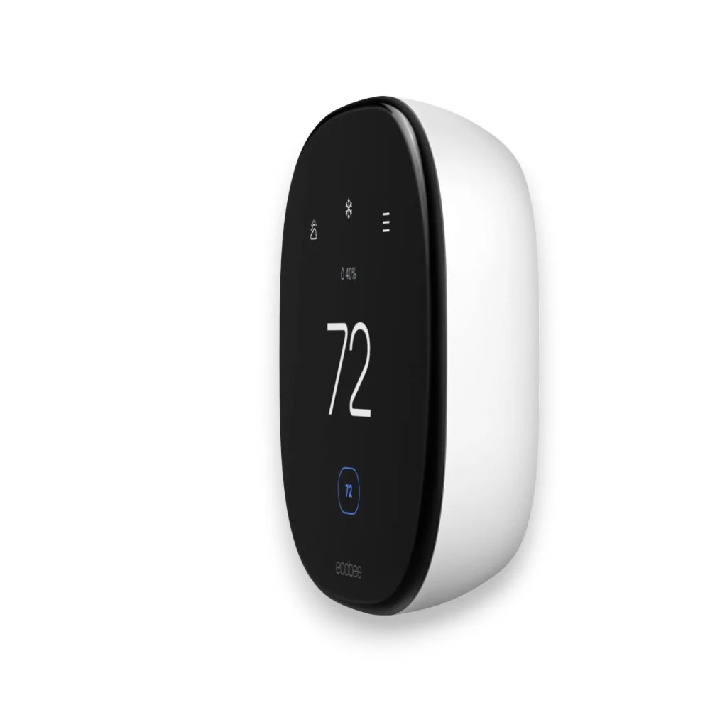 Side profile of white Ecobee Smart Thermostat Enhanced on wall