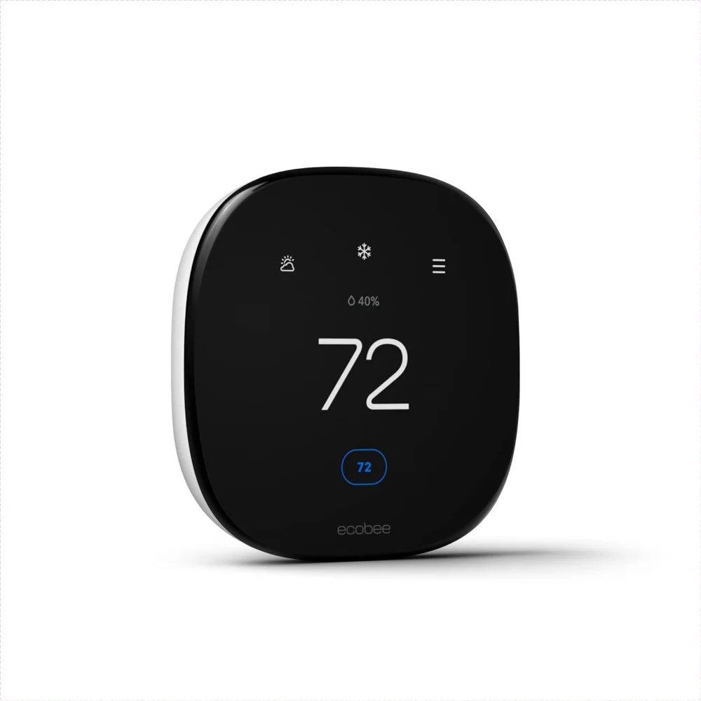 Ecobee Smart Thermostat Enhanced in white casing, angled display