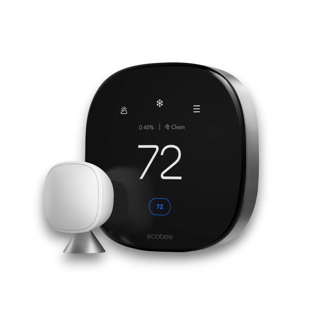 Front display of Ecobee Smart Premium Thermostat with room temperature and SmartSensor