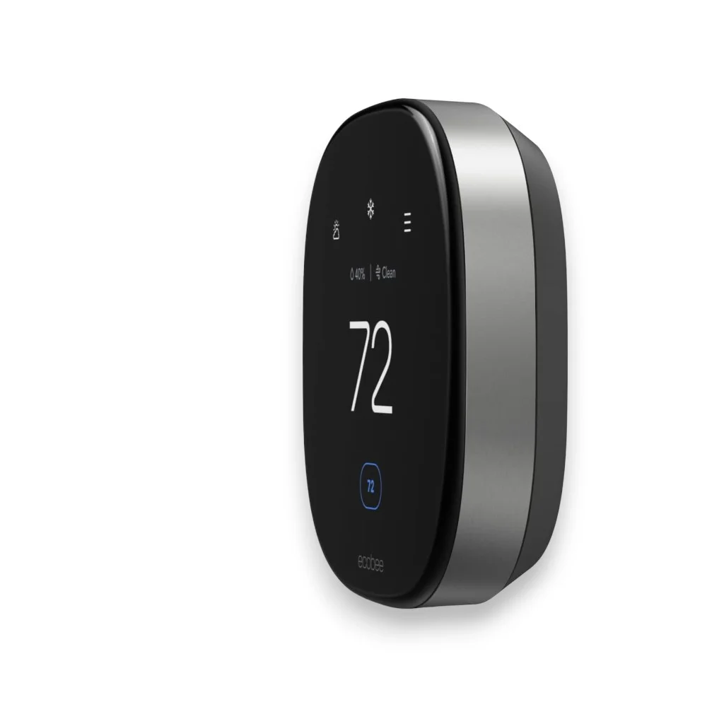 Angled profile of Ecobee Smart Premium Thermostat showing sleek metal design