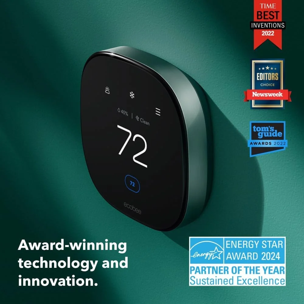 Ecobee Smart Premium Thermostat on green wall with award badges and Energy Star certification