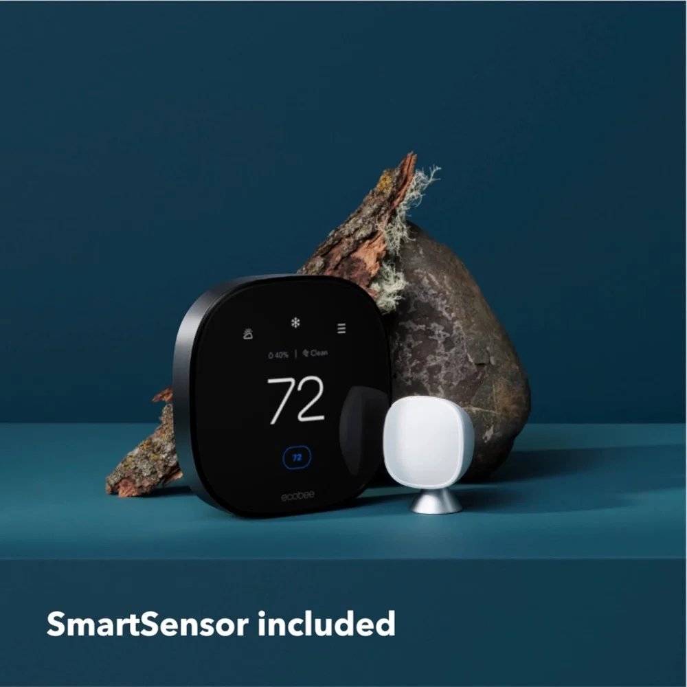 Ecobee Smart Premium Thermostat and SmartSensor displayed with natural décor