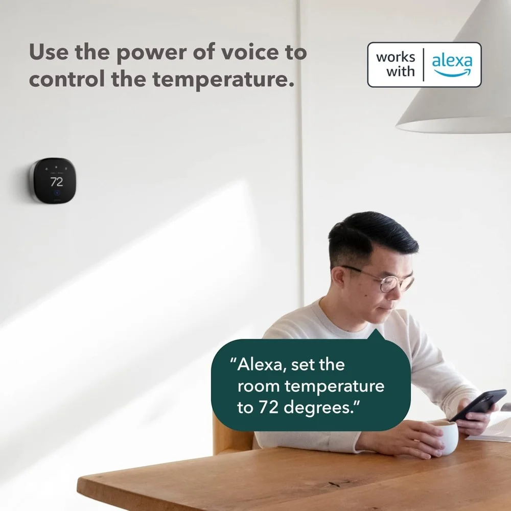Man using Ecobee Smart Premium Thermostat with Alexa voice command in modern Dubai home