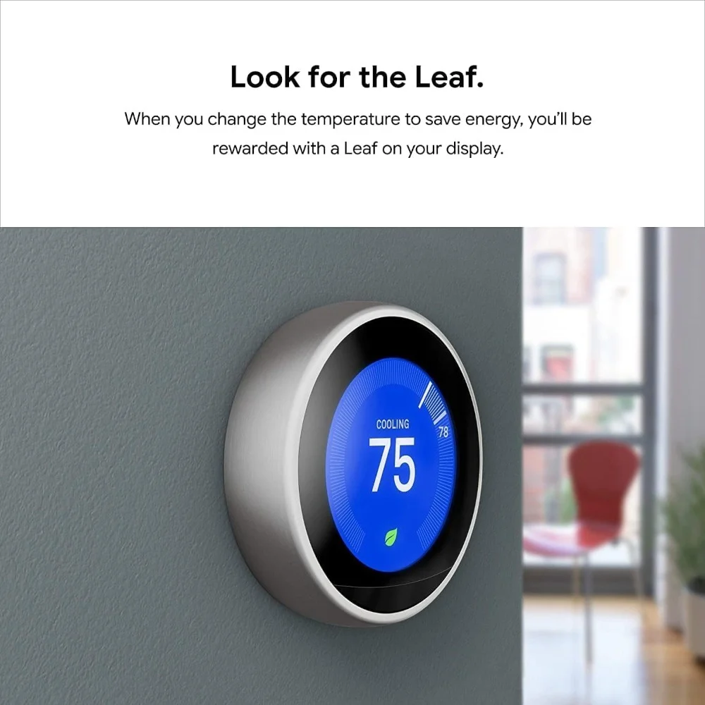 Nest Learning Thermostat 3rd Gen showing Leaf icon for energy-saving temperature