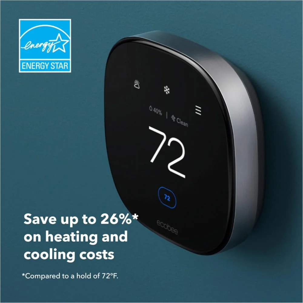 Wall-mounted Ecobee Smart Thermostat Premium black model showing 72°F and energy savings in Dubai