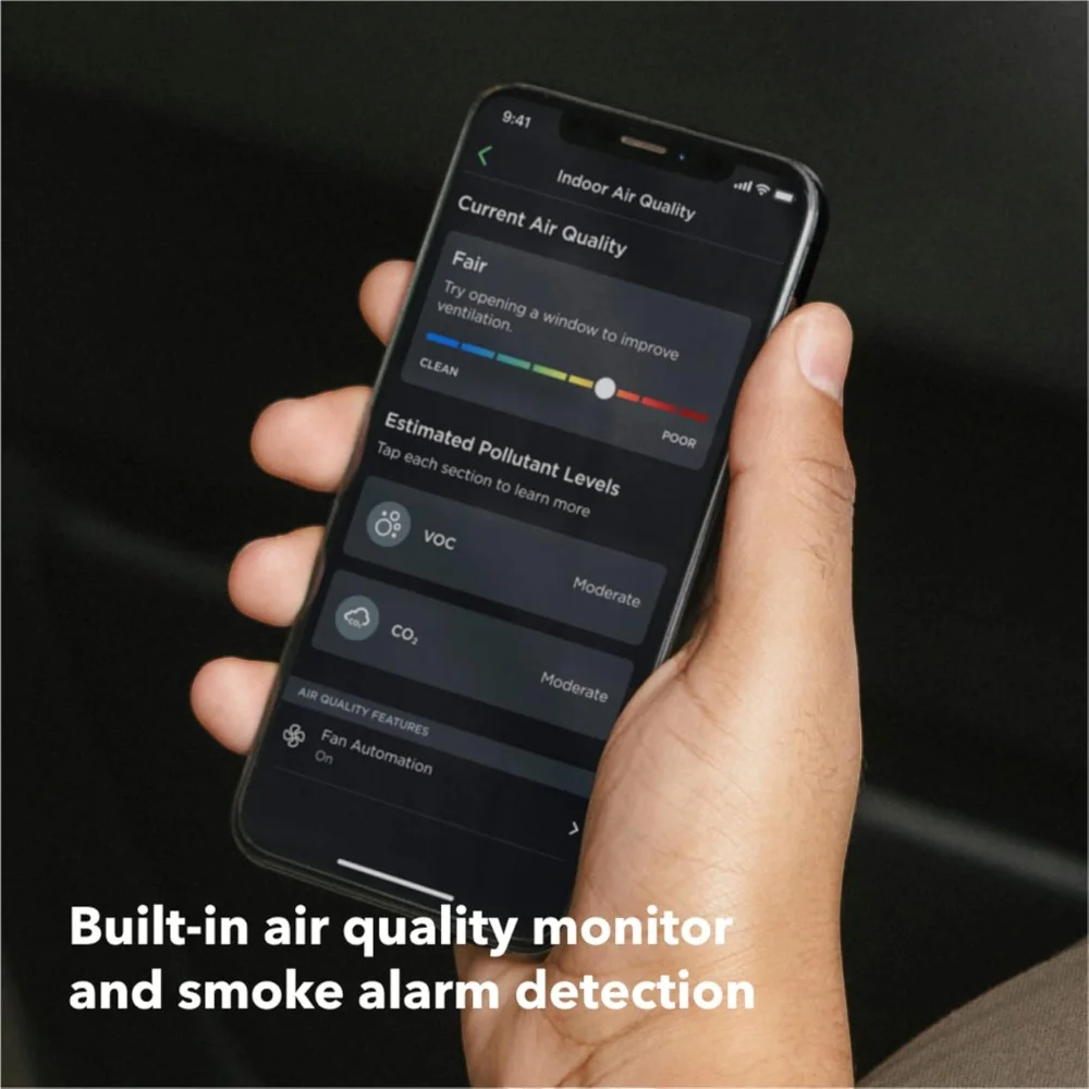 Smartphone showing indoor air quality levels monitored by Ecobee Smart Premium Thermostat